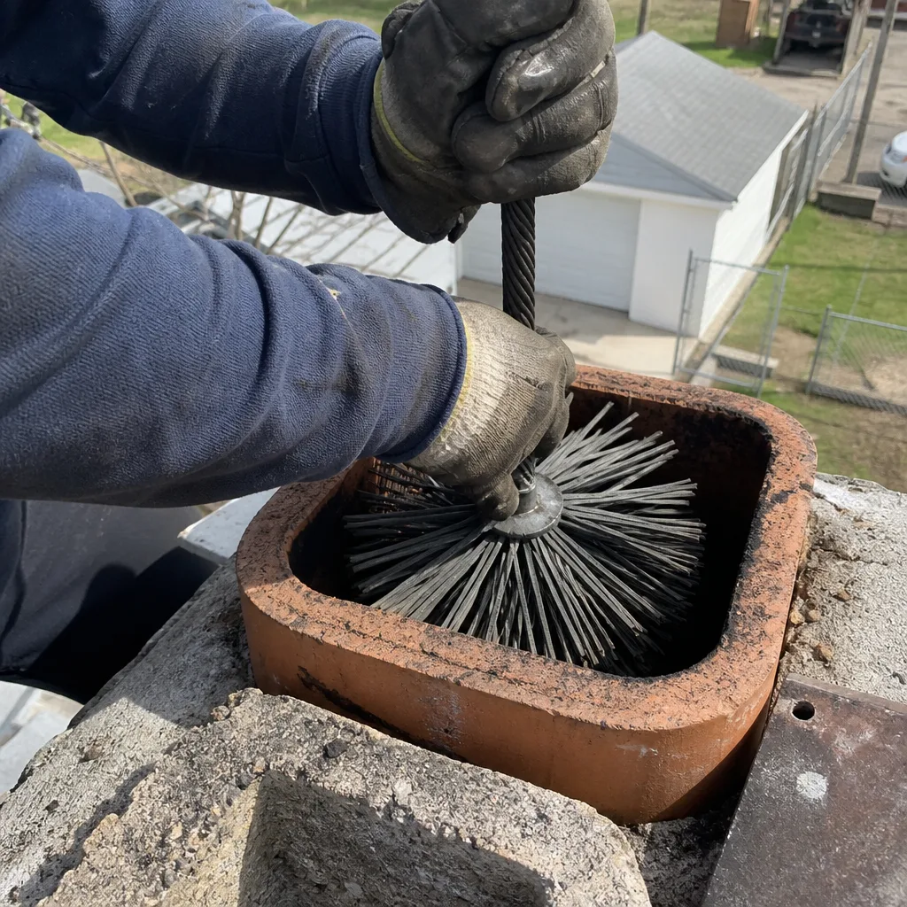 Professional chimney sweep cleaning soot with a wire flue brush
