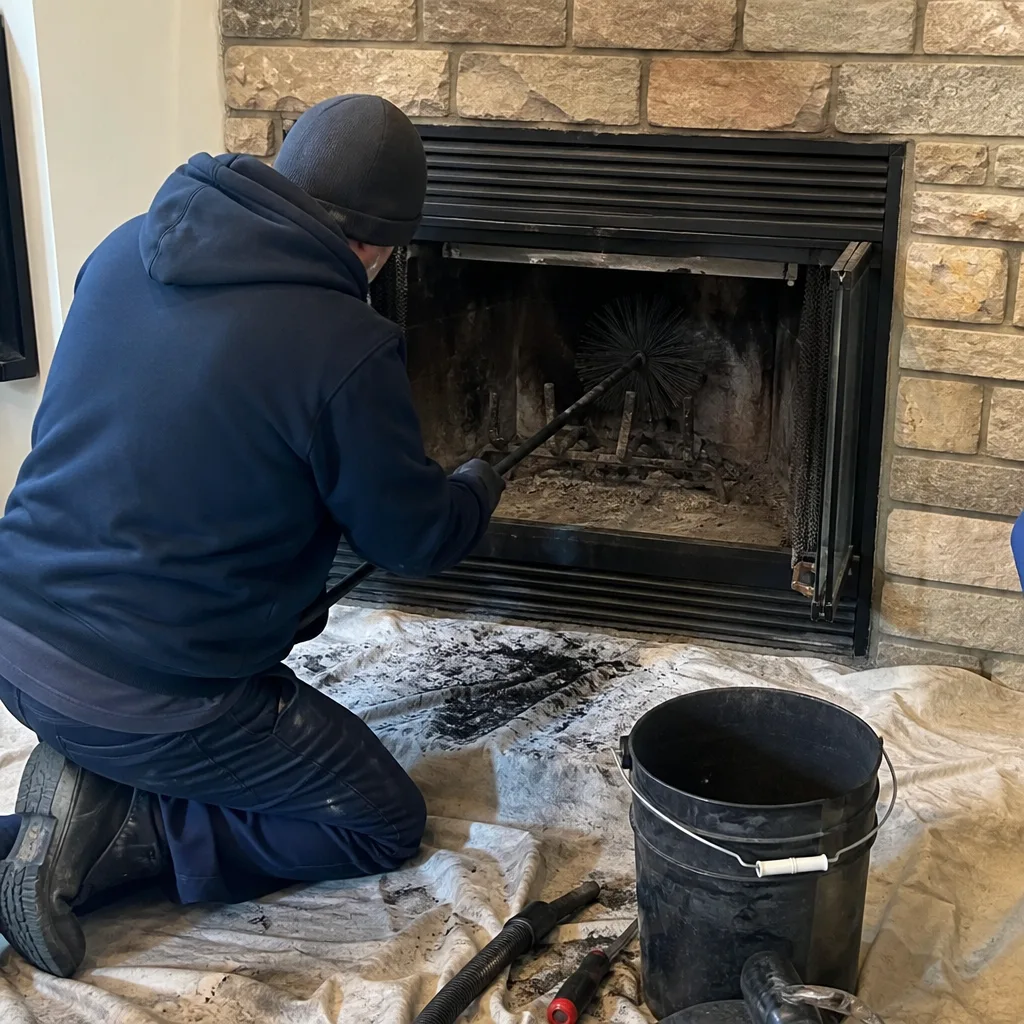 Professional chimney sweep cleaning soot from residential fireplace